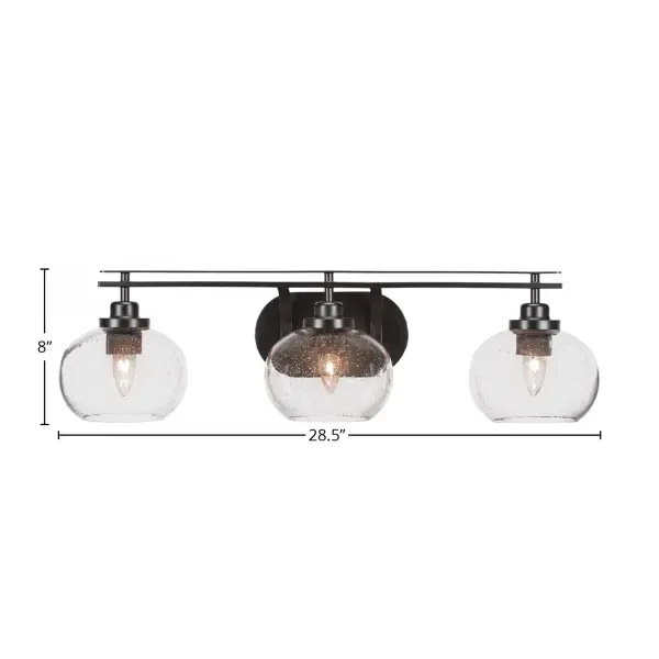 The Odyssey 3-Light Bath Bar combines contemporary matte black styling with unique clear bubble glass shades. At 28.5 inches wide, it provides ample illumination for medium to large vanities with flexible up or down mounting options. - alternate view