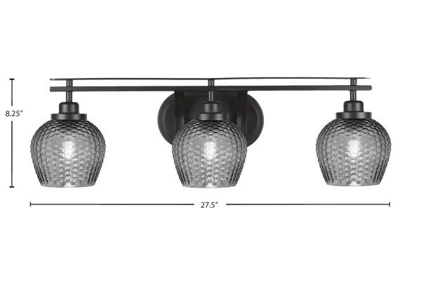 The Odyssey 3-Light Bath Bar combines sleek matte black finish with smoke-textured glass shades for sophisticated bathroom lighting. Versatile up or down mounting and dimmable capability make it adaptable to any space. - alternate view