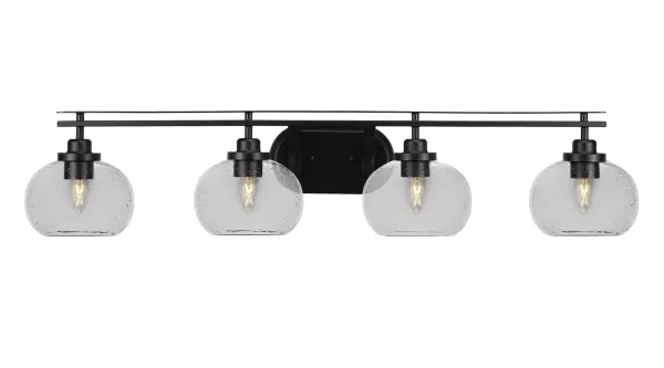 The Odyssey 4 Light Bath Bar combines contemporary matte black finish with distinctive clear bubble glass shades. At over 40 inches wide, it provides ample illumination for larger vanities while offering flexible up or down mounting options.