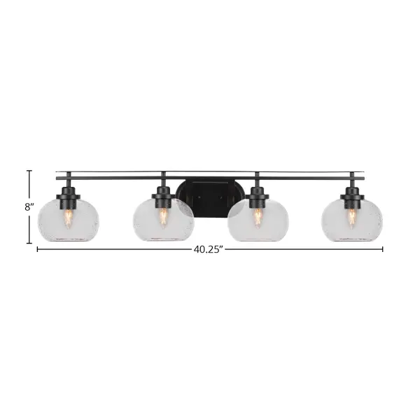 The Odyssey 4 Light Bath Bar combines contemporary matte black finish with distinctive clear bubble glass shades. At over 40 inches wide, it provides ample illumination for larger vanities while offering flexible up or down mounting options. - alternate view