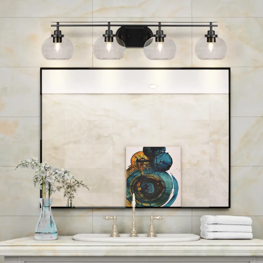 Odyssey 4 Light Bath Bar in Matte Black with Clear Bubble Glass - Image 3