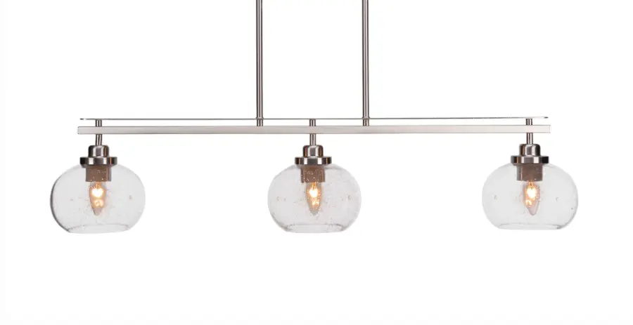 Odyssey 3-Light Island Pendant in Brushed Nickel with Clear Bubble Glass - Image 1