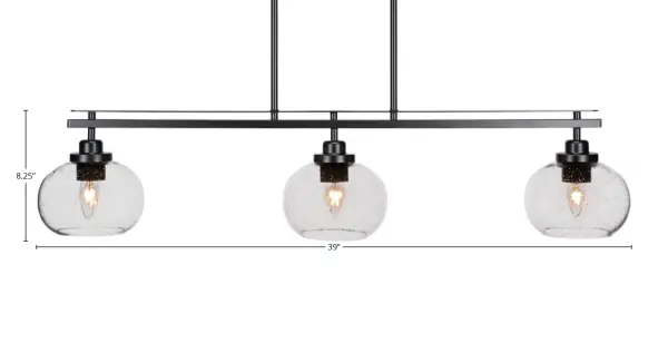 The Odyssey 3-Light Island Pendant combines contemporary styling with industrial charm. Its matte black finish and clear bubble glass shades create visual interest while providing ample illumination for kitchen islands and dining areas. - alternate view