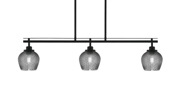 The Odyssey 3-Light Island Light combines modern sophistication with functional illumination. Its matte black frame and rippled smoke glass create visual interest while providing ample light for kitchen islands and dining areas.