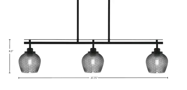 The Odyssey 3-Light Island Light combines modern sophistication with functional illumination. Its matte black frame and rippled smoke glass create visual interest while providing ample light for kitchen islands and dining areas. - alternate view