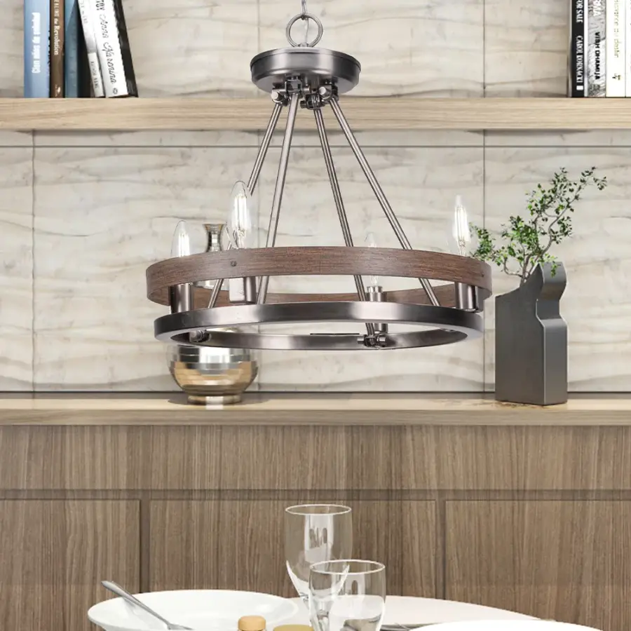 Belmont 4-Light Uplight Chandelier in Graphite & Distressed Wood - Image 3