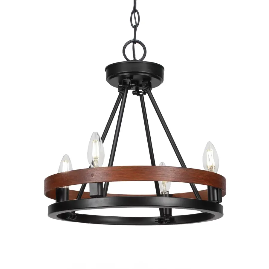 Belmont 4-Light Uplight Chandelier in Matte Black with Wood-Look Metal - Image 1