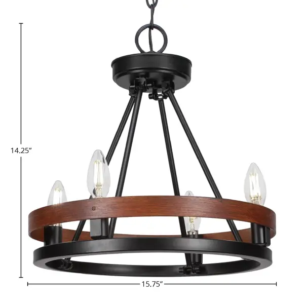 The Belmont 4-Light Chandelier combines rustic farmhouse charm with industrial edge through its matte black finish and painted wood-look metal details. Compact at 15.75 inches wide, it's perfect for smaller dining spaces, breakfast nooks, or bedrooms where you want warm, inviting uplight illumination. - alternate view