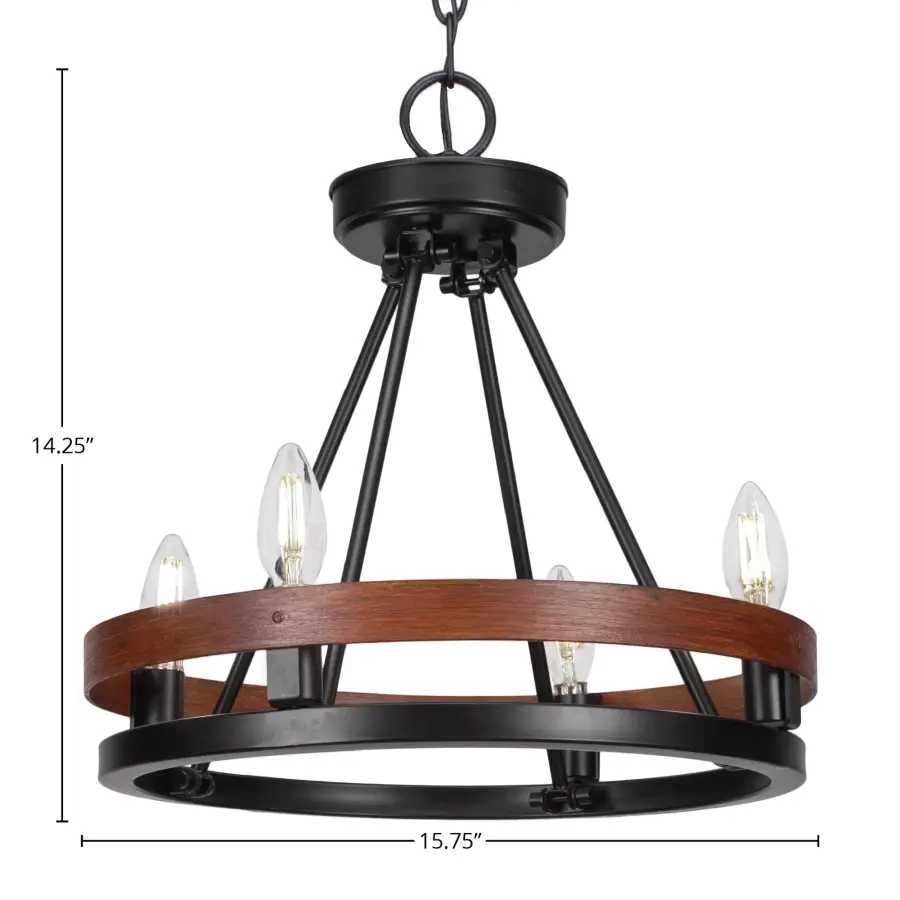 Belmont 4-Light Uplight Chandelier in Matte Black with Wood-Look Metal - Image 2