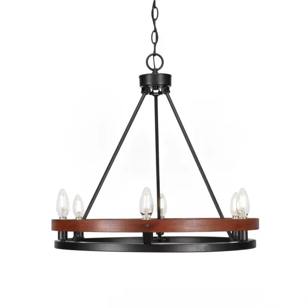 The Belmont chandelier combines painted wood-look metal with a matte black finish for a striking farmhouse-industrial aesthetic. Six uplight candelabra bulbs provide warm ambient lighting, while the adjustable chain allows customization for various ceiling heights.