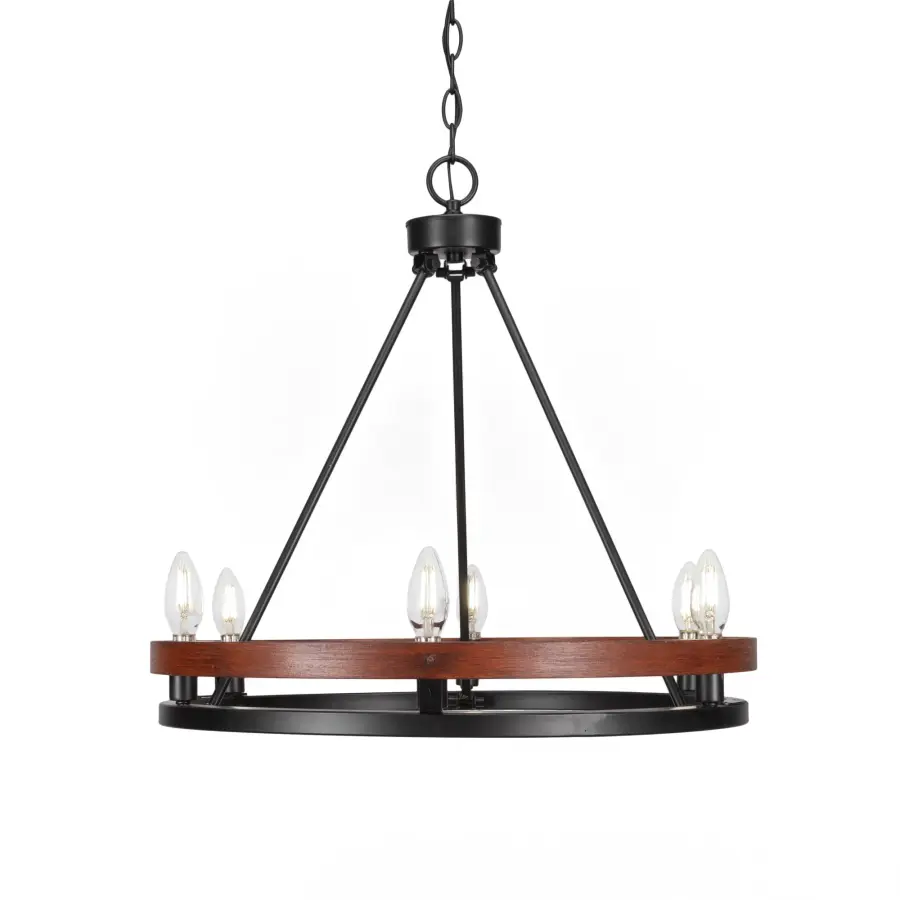 Belmont 6-Light Uplight Chandelier in Matte Black with Wood-Look Metal - Image 1