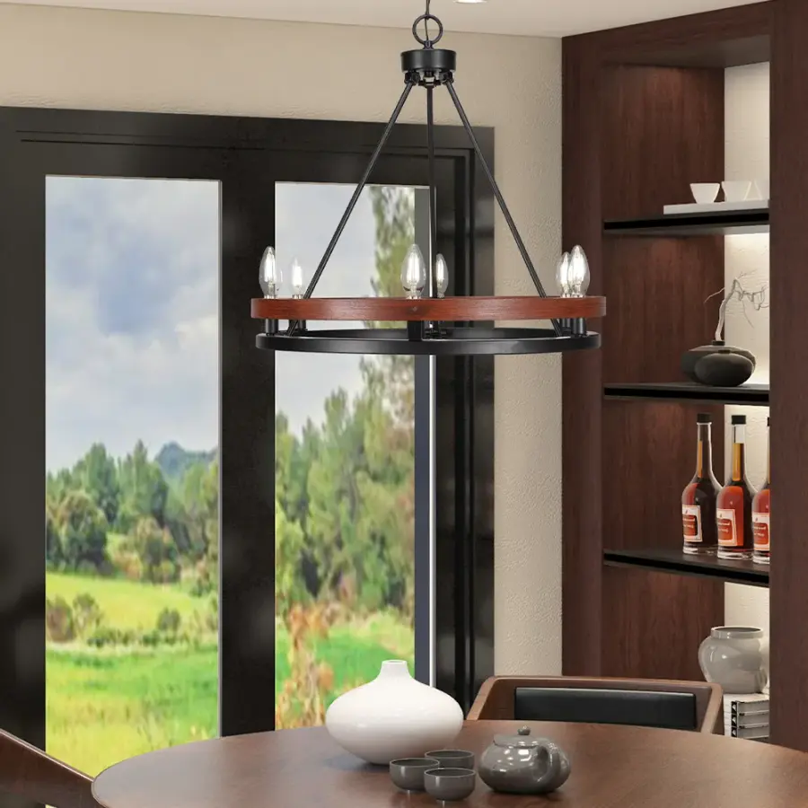 Belmont 6-Light Uplight Chandelier in Matte Black with Wood-Look Metal - Image 3