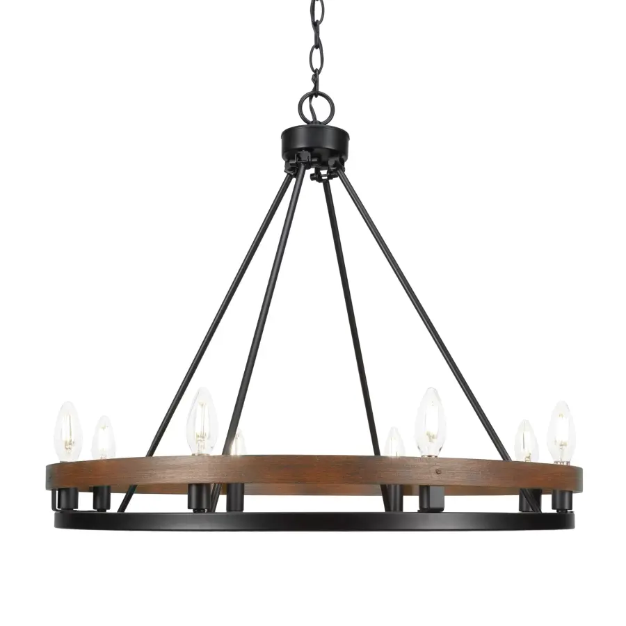 Belmont 8-Light Uplight Chandelier in Matte Black with Wood-Look Metal - Image 1