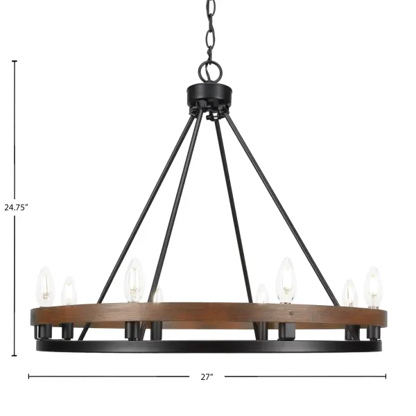 The Belmont 8-Light Chandelier combines rustic wood-look metal with sleek matte black finish for a stunning statement piece. With adjustable height and uplight design, it creates warm ambient lighting perfect for dining spaces. - alternate view