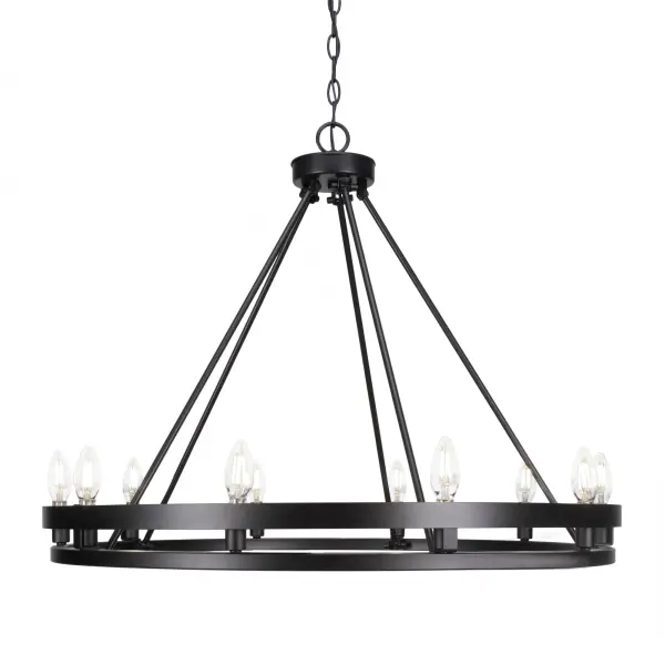 The Belmont 10-Light Chandelier combines industrial charm with modern sophistication. Its matte black finish and painted wood-look accents create dramatic visual impact while ten upward-facing lights provide warm, ambient illumination.