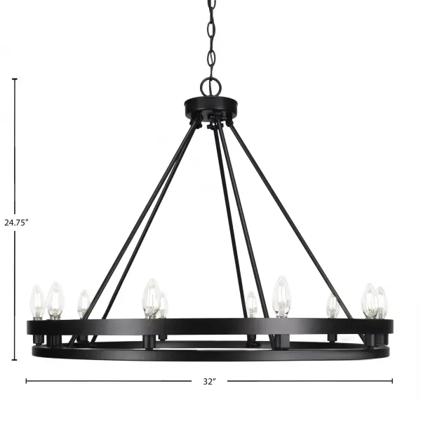 The Belmont 10-Light Chandelier combines industrial charm with modern sophistication. Its matte black finish and painted wood-look accents create dramatic visual impact while ten upward-facing lights provide warm, ambient illumination. - alternate view