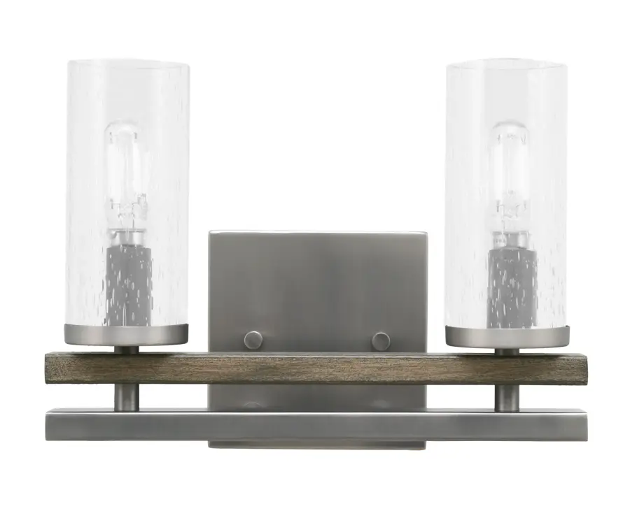 Belmont 2 Light Bath Bar in Graphite & Distressed Wood with Clear Bubble Glass - Image 1