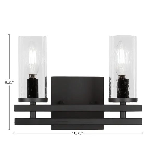 The Belmont 2-Light Bath Bar combines modern matte black styling with unique clear bubble glass shades for a distinctive look. Compact at under 11 inches wide, it's perfect for smaller bathrooms while providing ample task lighting. - alternate view