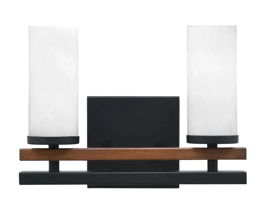 Belmont 2-Light Bath Bar in Matte Black & Wood-Look with White Marble Glass - Image 1