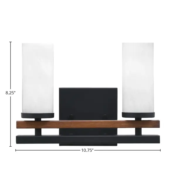 The Belmont 2-Light Bath Bar combines matte black metal with painted wood-look accents and white marble glass shades for a perfect blend of farmhouse warmth and industrial edge. Ideal for bathrooms seeking character. - alternate view