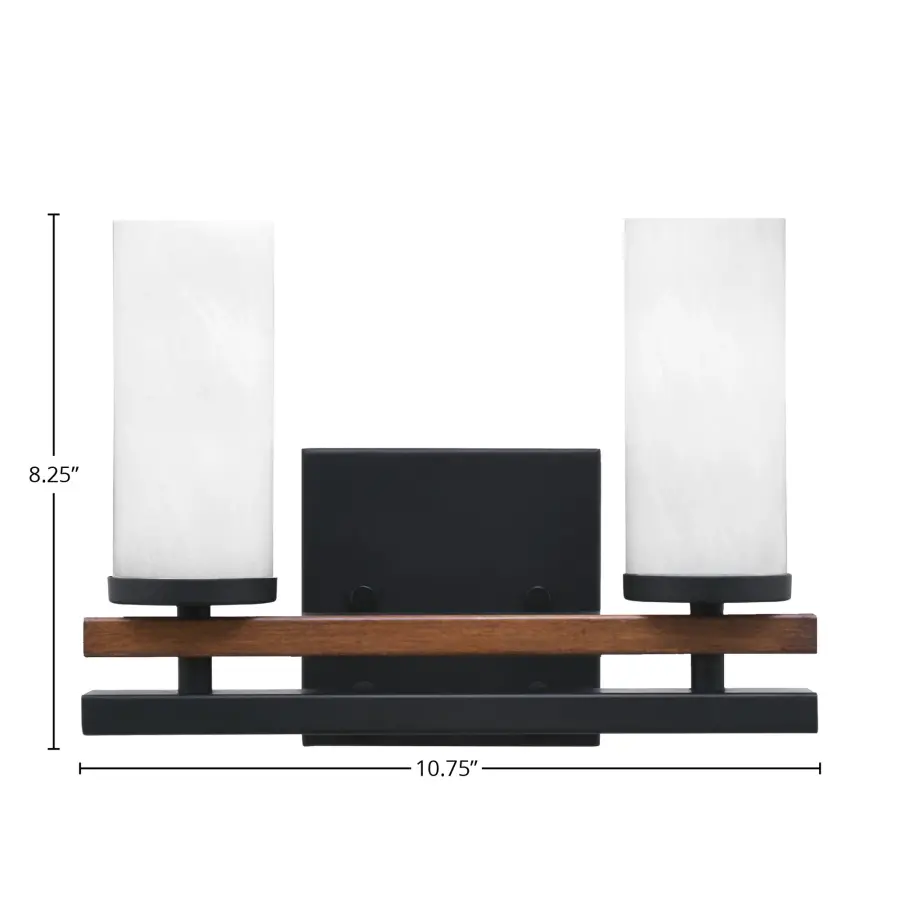 Belmont 2-Light Bath Bar in Matte Black & Wood-Look with White Marble Glass - Image 2