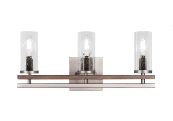 Belmont 3 Light Bath Bar in Graphite & Distressed Wood with Clear Bubble Glass - Image 1