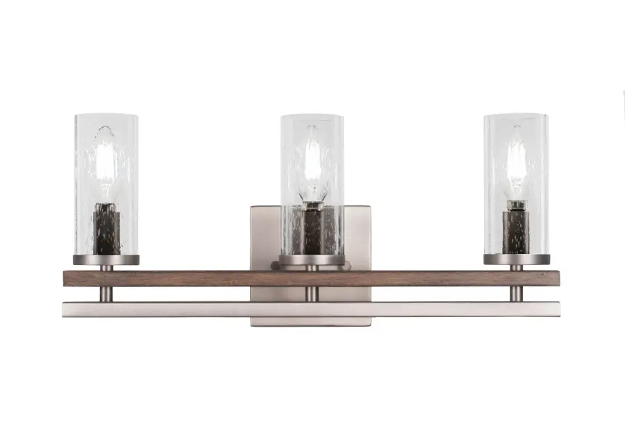 Belmont 3 Light Bath Bar in Graphite & Distressed Wood with Clear Bubble Glass - Image 1