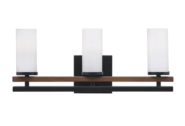 The Belmont 3-Light Bath Bar combines matte black metal with painted wood-look accents and white marble glass shades for a contemporary aesthetic. At 18.25" wide, it's ideal for medium vanities in modern bathrooms.
