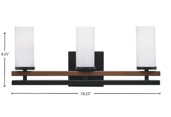 The Belmont 3-Light Bath Bar combines matte black metal with painted wood-look accents and white marble glass shades for a contemporary aesthetic. At 18.25" wide, it's ideal for medium vanities in modern bathrooms. - alternate view