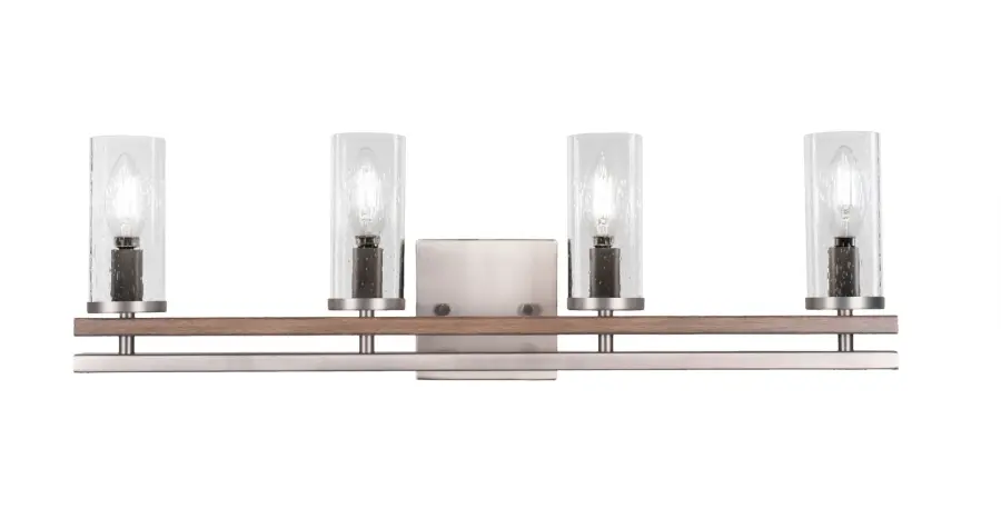 Belmont 4 Light Bath Bar in Graphite & Distressed Wood with Clear Bubble Glass - Image 1