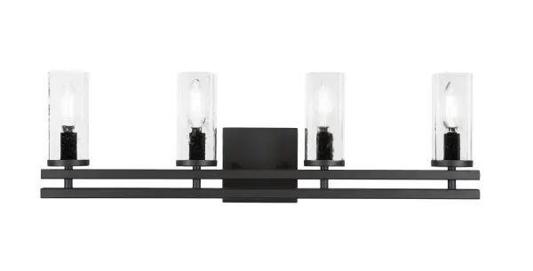 The Belmont 4-Light Bath Bar combines industrial style with modern sophistication. Its matte black finish and unique clear bubble glass shades create visual interest while providing ample illumination for bathroom tasks.
