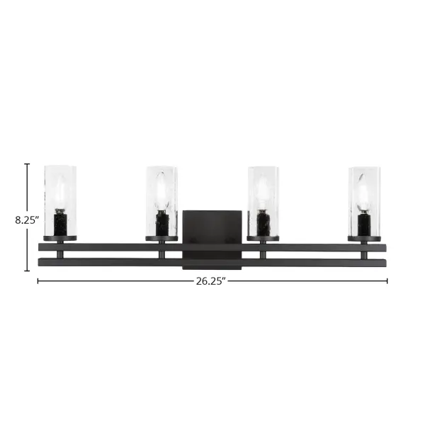 The Belmont 4-Light Bath Bar combines industrial style with modern sophistication. Its matte black finish and unique clear bubble glass shades create visual interest while providing ample illumination for bathroom tasks. - alternate view