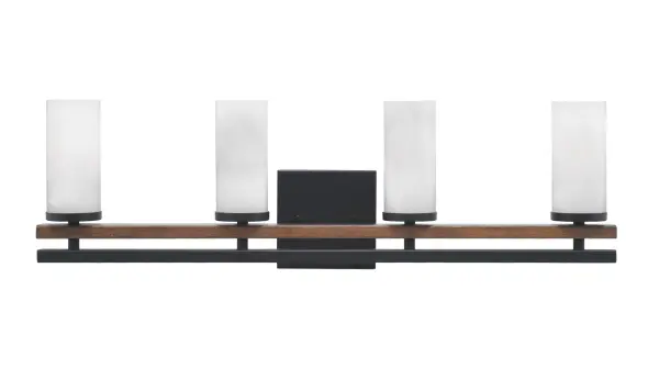 The Belmont 4 Light Bath Bar combines matte black metal with wood-look accents and white marble glass shades to create a sophisticated yet warm lighting solution. Perfect for modern bathrooms seeking character and style.