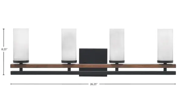 The Belmont 4 Light Bath Bar combines matte black metal with wood-look accents and white marble glass shades to create a sophisticated yet warm lighting solution. Perfect for modern bathrooms seeking character and style. - alternate view