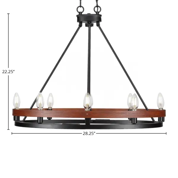 The Belmont 8-Light Chandelier combines painted wood-look metal with matte black finish for a striking farmhouse-industrial aesthetic. Eight uplight candelabra sockets provide ample illumination while the oval design adds visual interest. - alternate view
