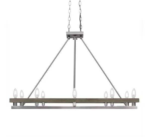 The Belmont 10-Light Island Light combines distressed wood-look metal with graphite finish for authentic farmhouse appeal. Its generous 10-bulb configuration delivers exceptional illumination while the linear design perfectly complements kitchen islands and dining tables.