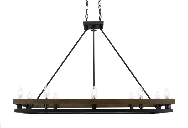The Belmont 10 Light Island Light combines painted wood-look metal with matte black accents for a stunning farmhouse-industrial aesthetic. With 10 lights spanning 37 inches, it provides ample illumination for kitchen islands and dining tables.