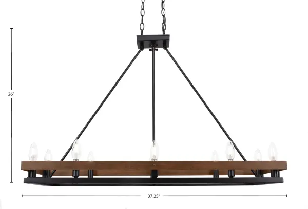 The Belmont 10 Light Island Light combines painted wood-look metal with matte black accents for a stunning farmhouse-industrial aesthetic. With 10 lights spanning 37 inches, it provides ample illumination for kitchen islands and dining tables. - alternate view