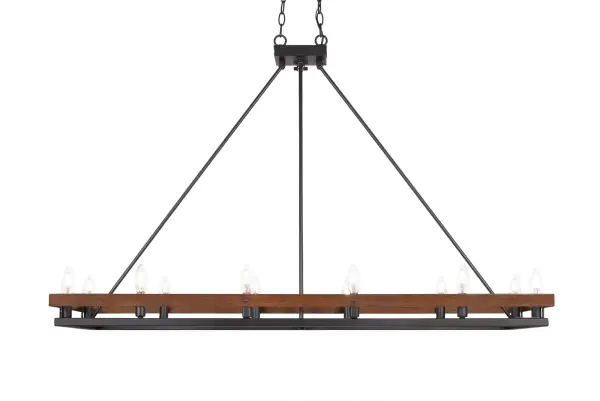 The Belmont combines rustic farmhouse charm with industrial edge through its matte black finish and painted wood-look metal details. With 12 candelabra lights spanning 48 inches, it delivers substantial illumination and visual impact perfect for kitchen islands and dining spaces.