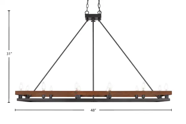 The Belmont combines rustic farmhouse charm with industrial edge through its matte black finish and painted wood-look metal details. With 12 candelabra lights spanning 48 inches, it delivers substantial illumination and visual impact perfect for kitchen islands and dining spaces. - alternate view