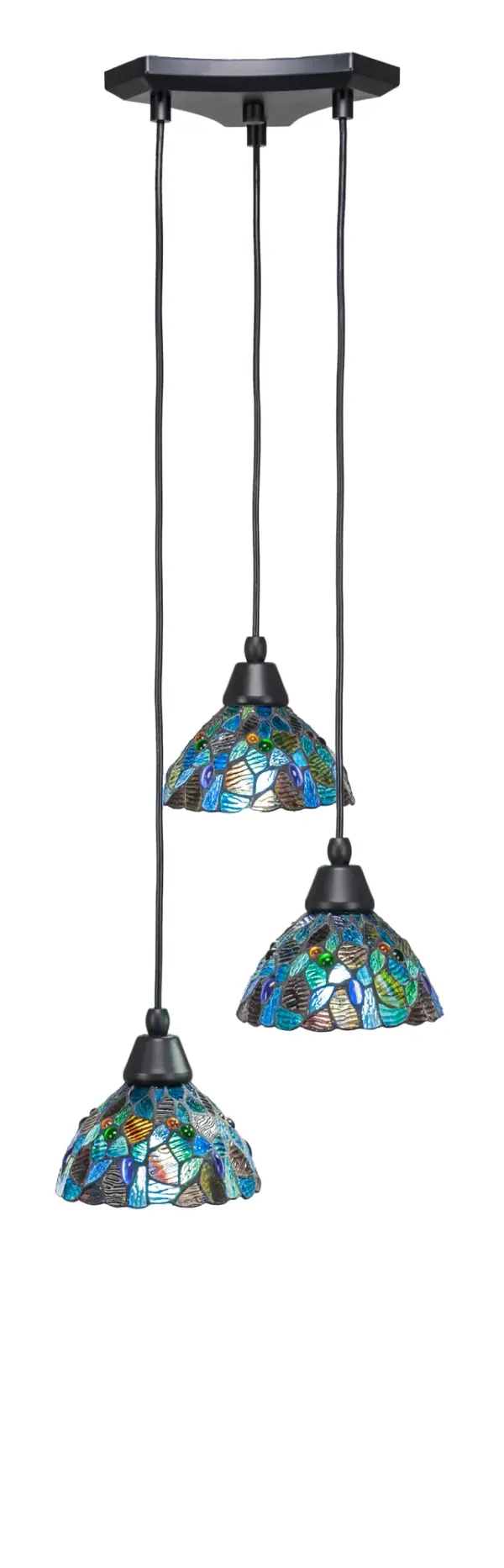 The Europa 3-Light Cluster combines contemporary matte black hardware with stunning blue mosaic art glass shades. Its adjustable cord design offers exceptional versatility for various ceiling heights and room configurations.