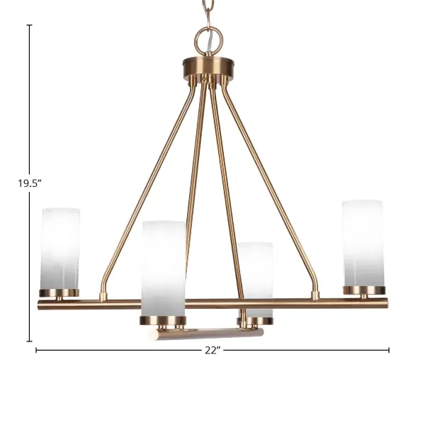 The Trinity 4-Light Chandelier combines classic uplight design with contemporary brass finish and white marble glass shades. Its 22-inch width makes it ideal for medium-sized spaces, while adjustable hanging height offers versatility. - alternate view