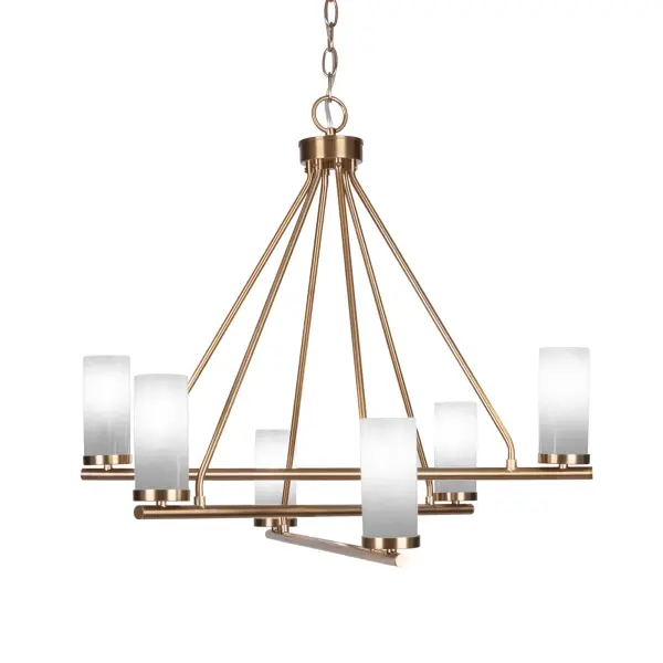 The Trinity chandelier features a stunning New Age Brass finish with white marble glass shades that beautifully diffuse light. With 26" width and adjustable hanging height up to 145", it's perfect for medium-sized spaces.