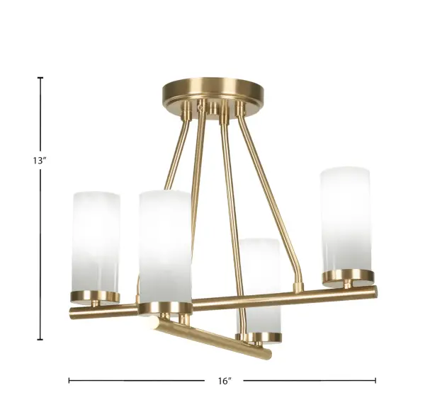 The Trinity 4-Light Semi-Flush combines modern sophistication with transitional appeal. Its New Age Brass finish and white marble glass shades create a warm, inviting glow perfect for medium-sized spaces. - alternate view