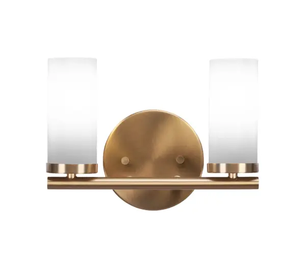 The Trinity 2-Light Bath Bar combines warm New Age Brass finish with white marble glass shades for a sophisticated bathroom lighting solution. Compact at 10.5" wide, it delivers elegant illumination perfect for vanity areas.