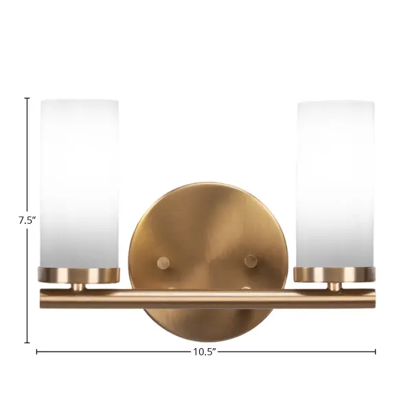 The Trinity 2-Light Bath Bar combines warm New Age Brass finish with white marble glass shades for a sophisticated bathroom lighting solution. Compact at 10.5" wide, it delivers elegant illumination perfect for vanity areas. - alternate view