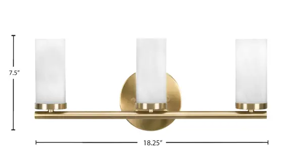 The Trinity 3 Light Bath Bar combines modern elegance with timeless appeal. Its New Age Brass finish and white marble glass shades create a sophisticated, serene atmosphere perfect for contemporary and transitional bathrooms. - alternate view