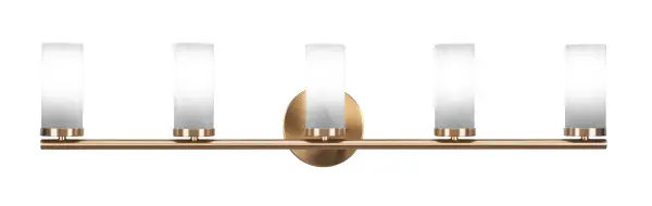 The Trinity 5 Light Bath Bar combines modern elegance with transitional appeal, featuring a stunning New Age Brass finish and white marble glass shades that provide beautifully diffused lighting for any bathroom vanity.