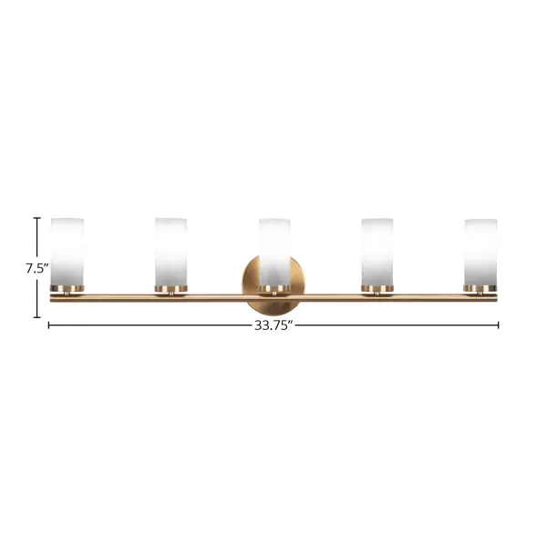 The Trinity 5 Light Bath Bar combines modern elegance with transitional appeal, featuring a stunning New Age Brass finish and white marble glass shades that provide beautifully diffused lighting for any bathroom vanity. - alternate view