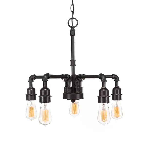 This 5-light chandelier combines industrial styling with vintage warmth through its Dark Granite finish and included amber antique bulbs. The adjustable height and downlight design make it versatile for various spaces.
